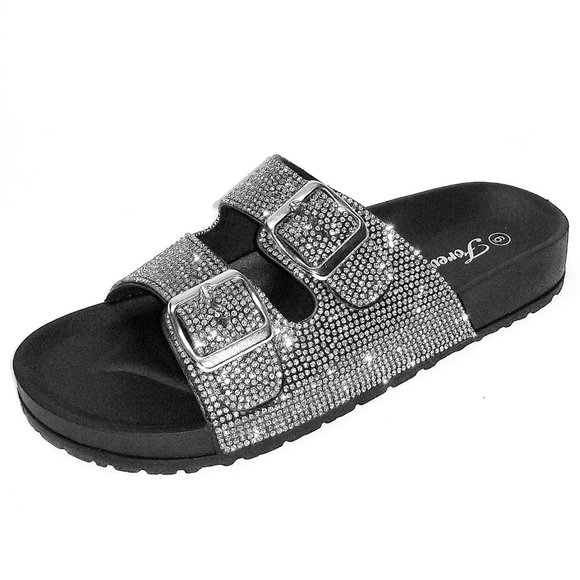 New Black Blingy Rhinestone Slip On Slides Sandals - Picture 2 of 3